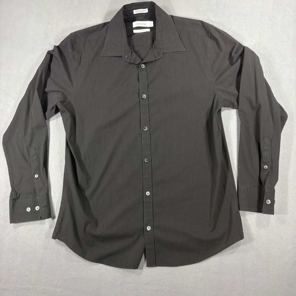 Calvin Klein Button Down Mens M Black Excellent Pinstripe Non Iron Stretch